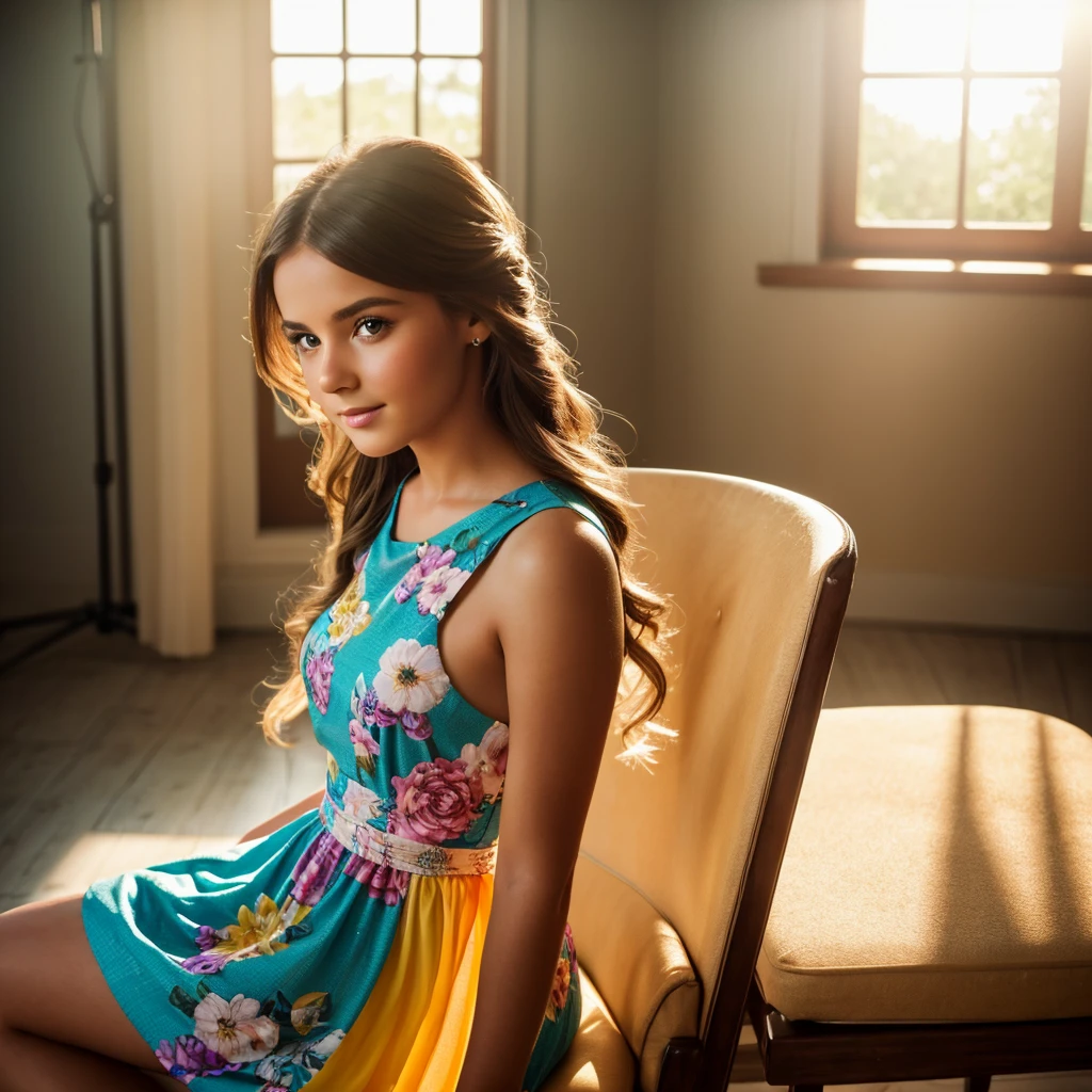 a beautiful girl in a summer event photography studio, detailed facial features, elegant expression, colorful dress, sitting on a chair, sunlight shining through windows, soft lighting, photorealistic, 8k, award winning photography, vibrant colors, cinematic composition, natural background, detailed environment