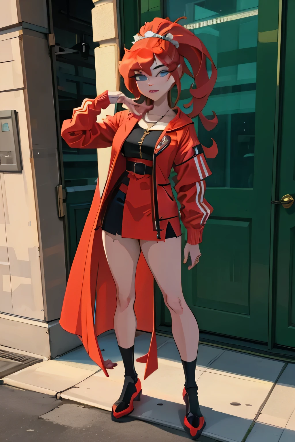 A highly detailed and realistic 3D model of a young woman standing confidently in front of an orange wall. She has red hair styled in two ponytails and blue eyes.. She wears a red jacket over a black dress., black gloves, and white socks up to the thighs. She has a pair of sunglasses resting on her head.. The model should include subtle movements in her hair and the fabric of her jacket., As if a gentle breeze were passing by. The scene takes place on a concrete surface with shadows cast on the ground., providing a realistic urban environment. The background should be simple and interior with neutral colors.. The model should be photorealistic and highly detailed., showing the character's elegant and modern look. Make sure the model captures her confident stance and natural proportions., with special attention to the detailed outfit and accessories.