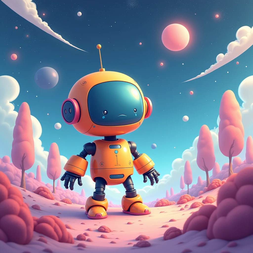 ((3D,CGI,cartoom)) Cute and colourful robot in a sea of sci-fi_color machines, inspired by Ryo Takemasa and Isabelle Arsenault, celestial universe starry sky background, flat illustration style, wide angle lens, soft tones, soft light, high detail, whimsical and tranquil atmosphere, 4k,8k,16k UHD resolution, masterpiece, poakl, more detail, enhanced.