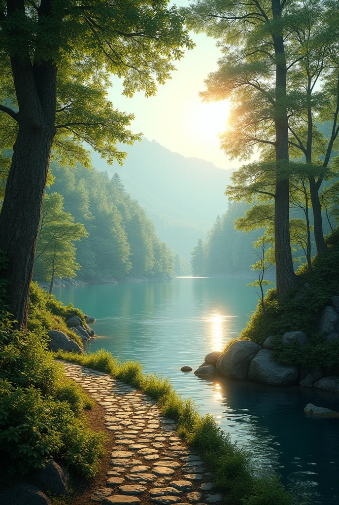 large lake next to a cobblestone path in the woods