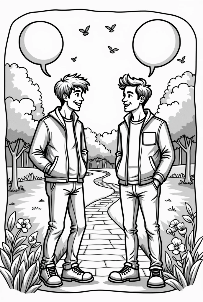 Create a coloring page of two young men, both male, talking in a park. Each character should have a speech bubble.