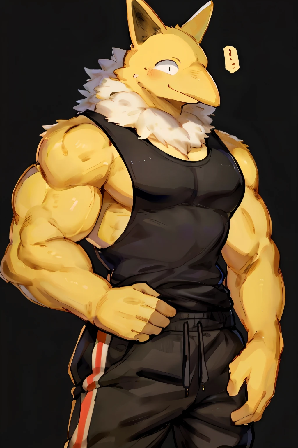 Furry, Anthro, solo, Hypno, Male, (((muscular body, massive male pectorals, yellow-gold skin, fluffy neck, wearing white fur around neck))), ((((massive biceps, wide-eyed, head tilted, jojo pose)))), ((((((massive bulky torso, happy, wearing black full male tanktop, wearing black sweatpants)))))), upper body, black/yellow spraypainted background, by buta99, by zackary911, by bebebebebe, (((digital painting)))