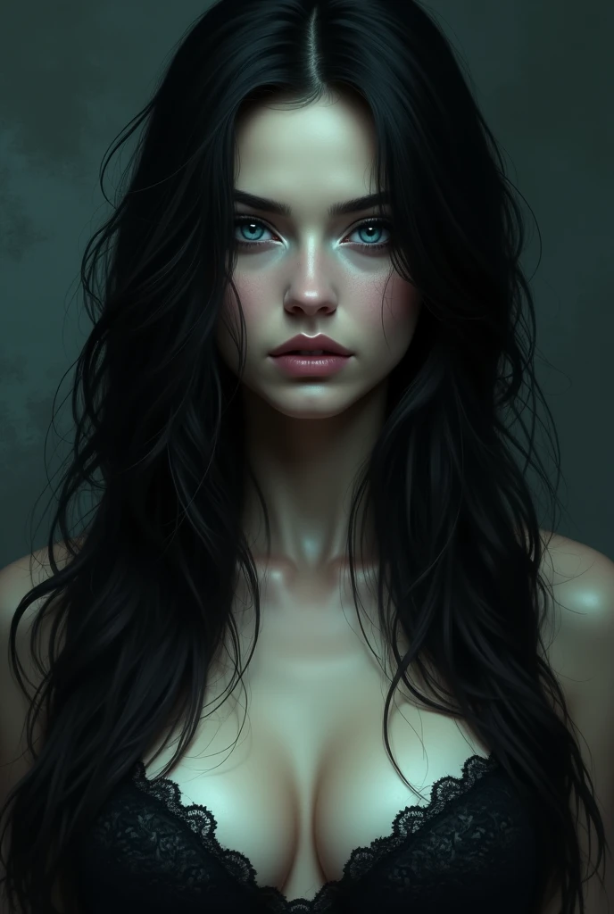 same as the second one you just generated, but with black hair and almost transparent blue eyes, bust a little bigger. and marked.
