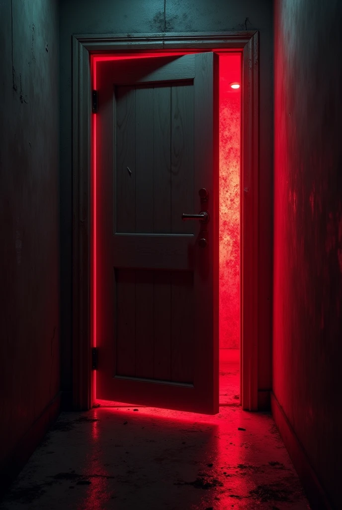 close up of a hallway door with red light coming out of the sides, nightmare 