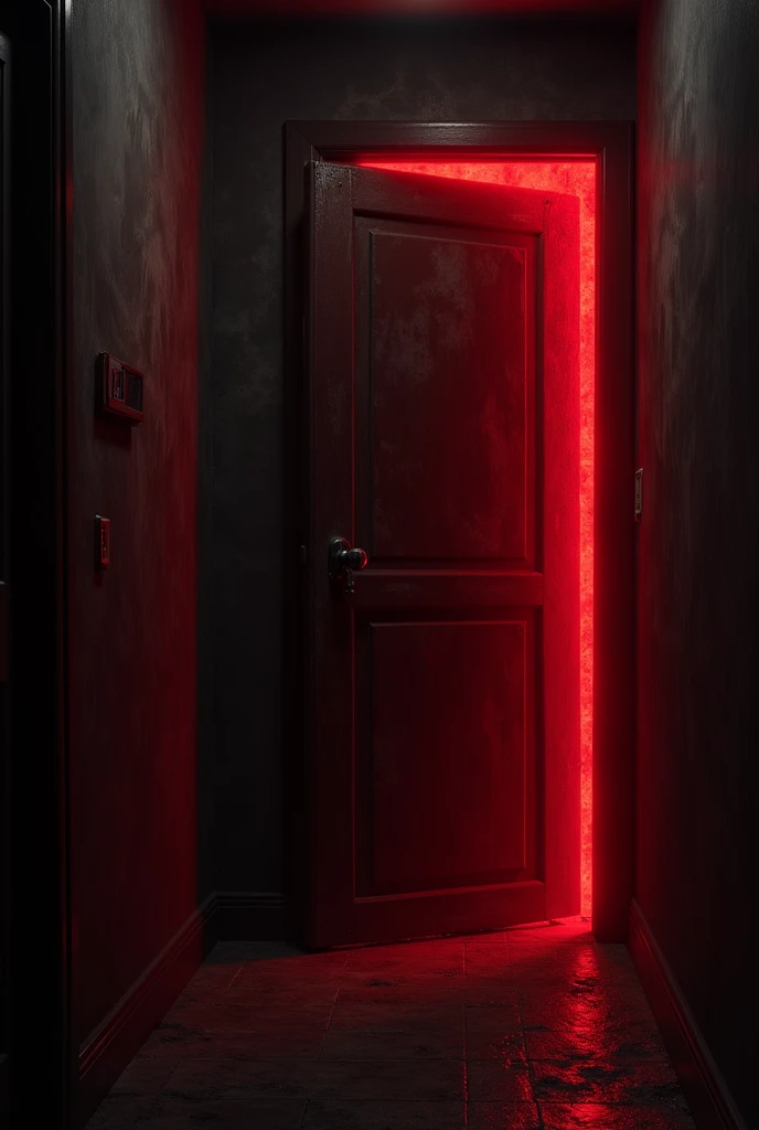 close up of a hallway door with red light coming out of the sides, nightmare