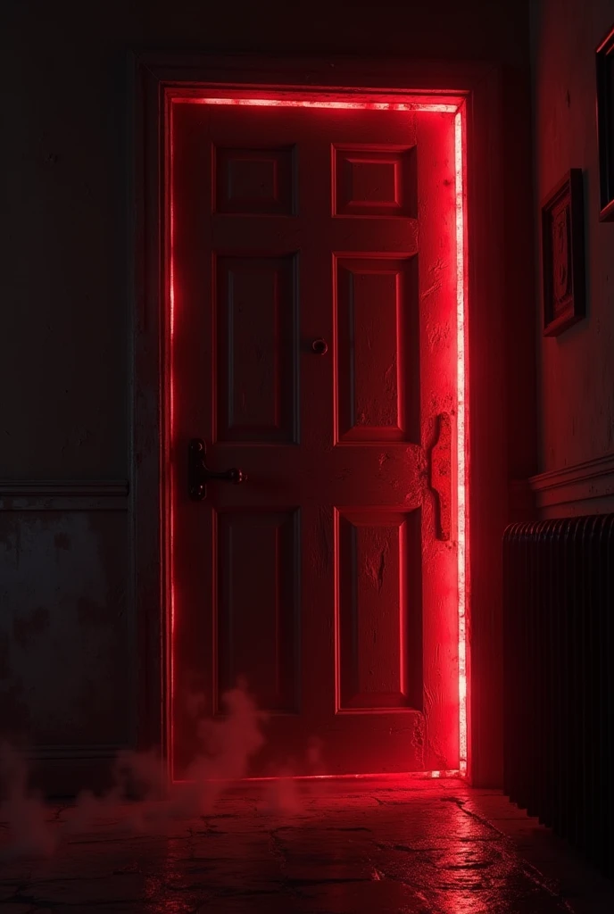 close up of a hallway door with red light coming out of the sides, nightmare