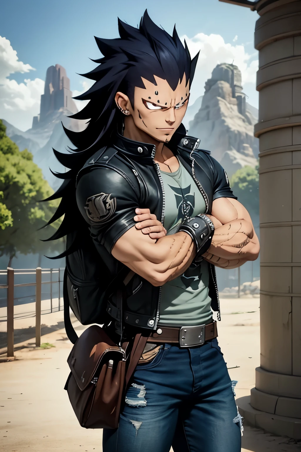 Gajeel Fairy Tail, Gajeel, strong, jeans, backpack, arms crossed, modern clothes, leather jacket, rocker style, tshirt