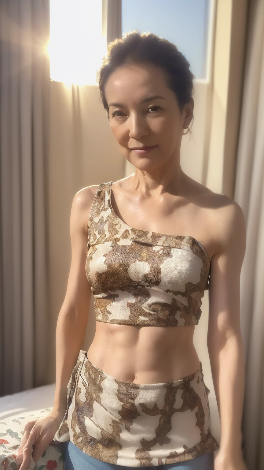 ((Highest quality)), ((8k)), ((masterpiece: 1.3)), (Perfect appearance), (Photorealism: 1.6), (JMA), (Who), (KE), (Genuine:1.4), One mature woman, Perfect Anatomy, 60 years old, Medium Long Hair, ((A mature woman wearing a random print open shoulder daily tank top.: 1.3)), (Bedroom with morning sun streaming in: 1.2),