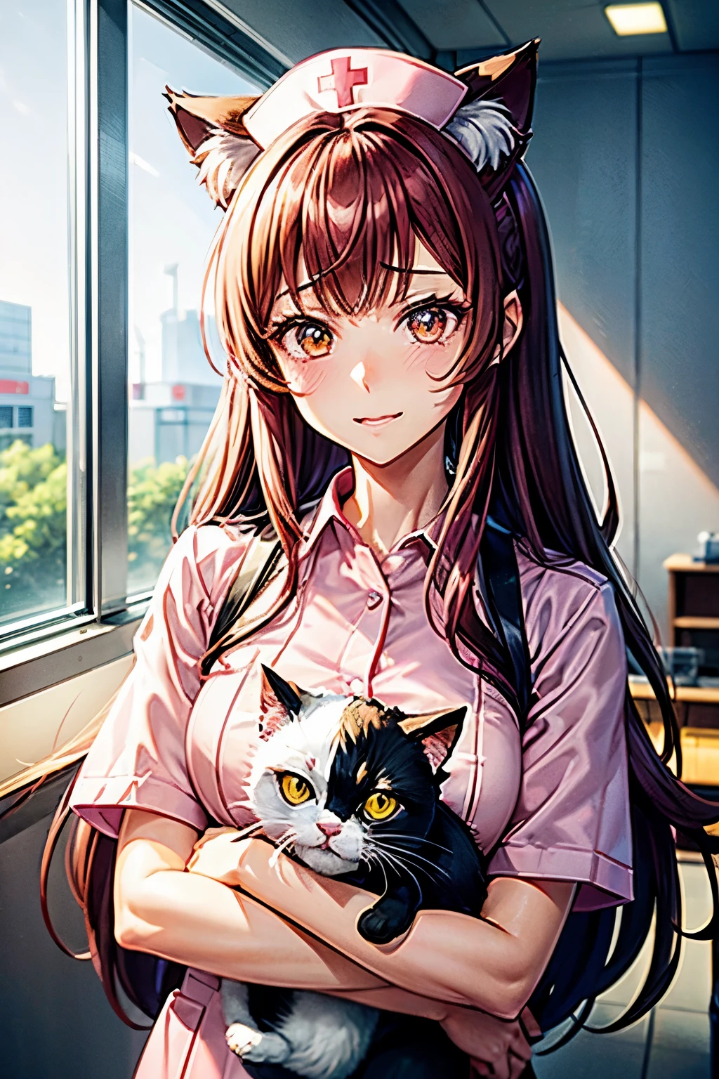 A beautiful woman with cat ears wearing a nurse's uniform, kawaii. She has long pink-brown hair with beast ears. 2.5D anime, 立っているポーズ Correct expression, accurate expression. She is in a hospital. Stunning beauty, well-defined face. A slightly embarrassed expression. Anime art. 