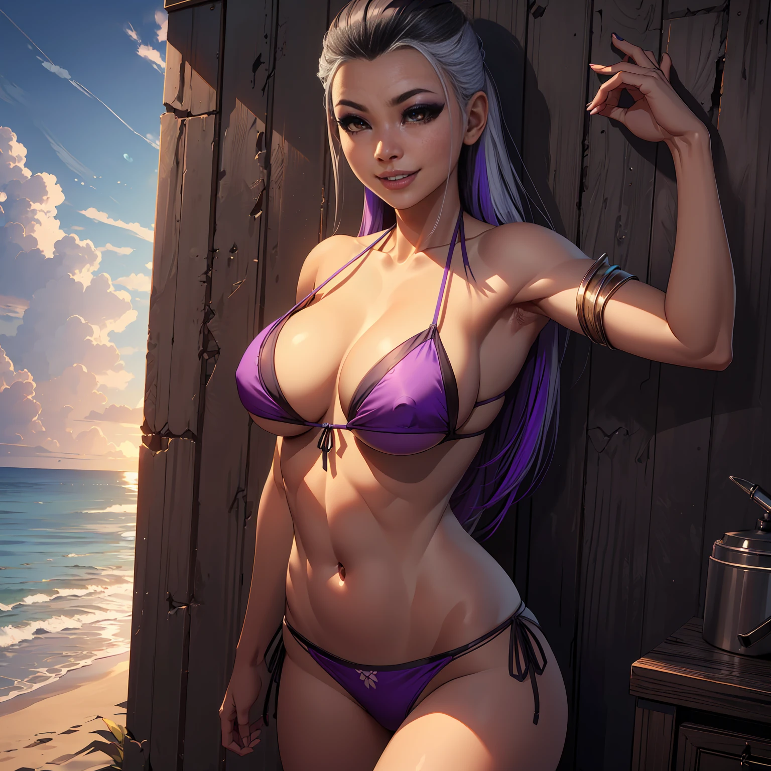 ((solo,1woman, mature, alone))), Sindel, ((Sindel's hair, gray hair, black hair, pulled back hair, long slicked back hair, multi colored hair, glowing brown eyes, wide eyes, body fur, makeup, narrow waist, skinny, medium breasts)), pelvic curtain, ((violet bikini)), full body, perfect body, (insanely detailed, beautiful detailed face, masterpiece, best quality), (extremely detailed 8k paper CG wall unit: 1.1), (beach settings, dusk), (smile face for the viewer),