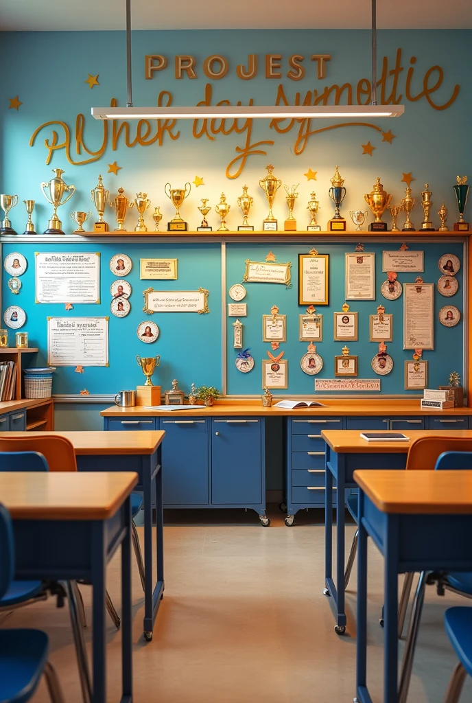 A space in the classroom decorated with a motivational phrase, with trophy icons, medals and rolled certificates, followed by the following subjects: Spanish Language, mathematics, social Sciences, natural sciences, art education and human formation, each subject subdivided into two spaces one called outstanding and another excellent. In each of the spaces small circular photos of students, each space with 5 photos