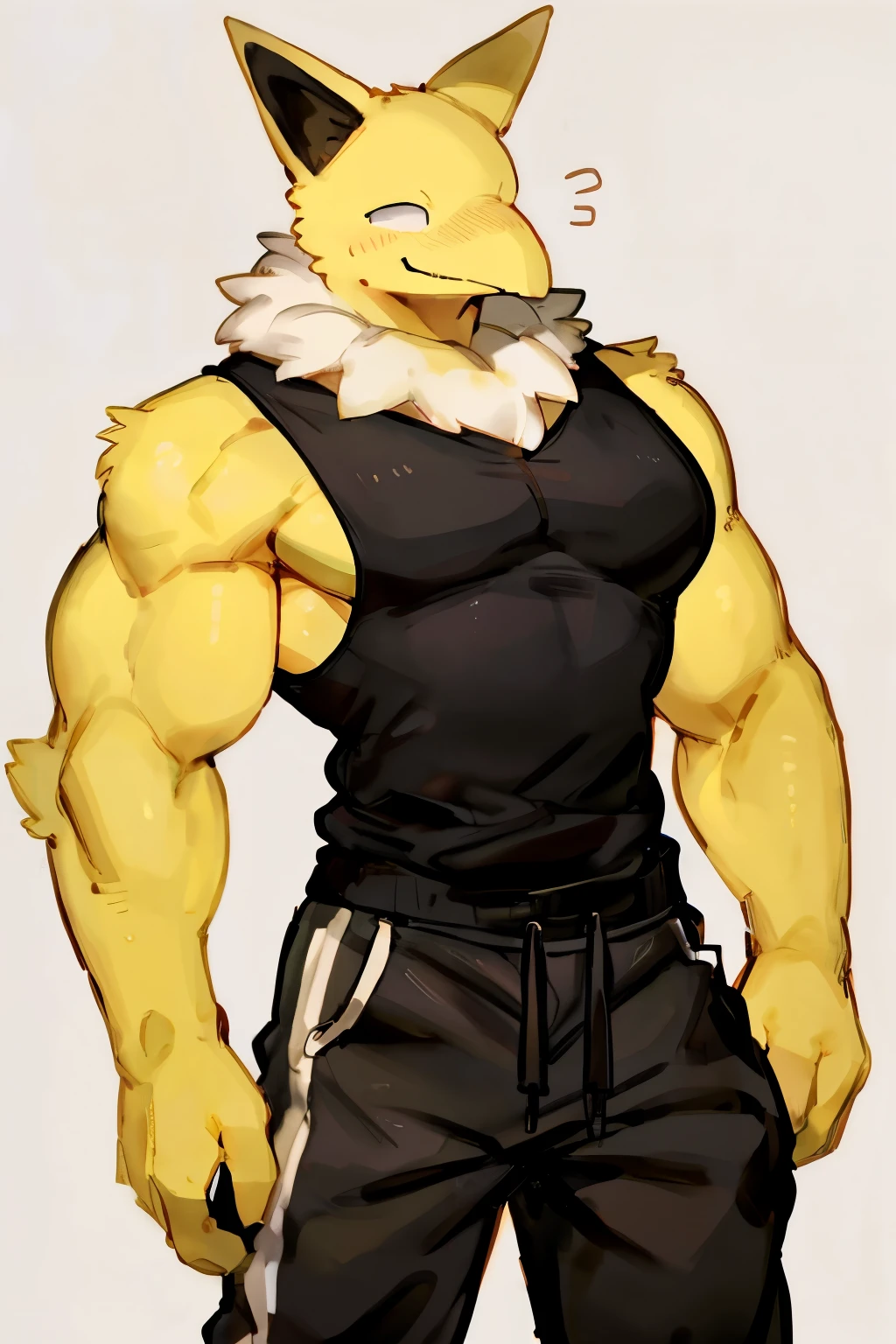 Furry, Anthro, solo, Hypno, Male, (((muscular body, massive male pectorals, yellow-gold skin, fluffy neck, wearing white fur around neck))), ((((massive biceps, wide-eyed, head tilted, jojo pose)))), ((((((massive bulky torso, happy, wearing black full male tanktop, wearing black sweatpants)))))), upper body, black/yellow spraypainted background, by buta99, by zackary911, by bebebebebe, (((digital painting)))