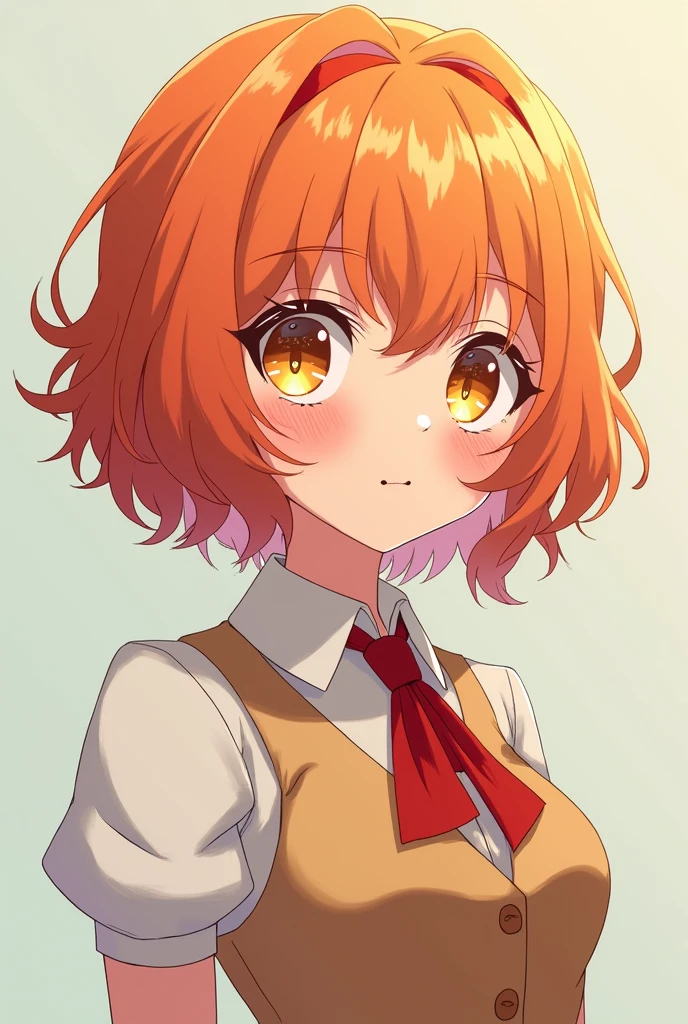 My Hero Academia,Female gender,Short wavy hair down to the neck and wavy orange hair,Sweet honey-colored eyes with star-shaped pupils,Whole body