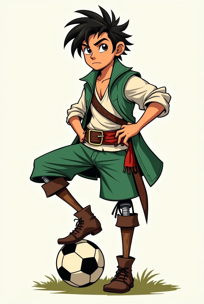 Make me a pirate between 16 and 18 years old (human being), that will be used to create a shield for a soccer team. The main colors of this pirate's clothes should be light green and white.
One of his legs should be made of wood (Dick), which he will be stepping on a soccer ball.
This pirate must apparently be evil.
Reduce the size of the drawing to fit on a football shield.