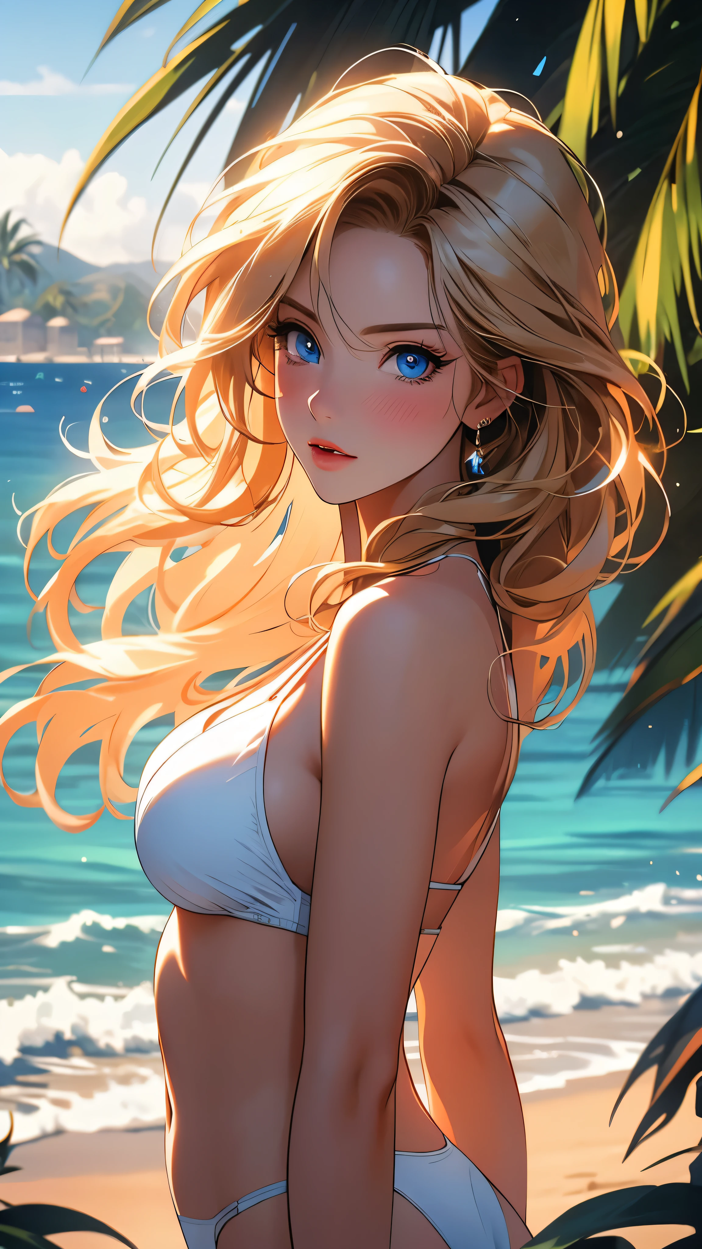 a beautiful woman in a white bikini standing on a beach, looking directly at the viewer, with long blonde hair blowing in the wind, blue eyes, and a slight blush on her cheeks, surrounded by palm trees, a cloudy blue sky, and waves crashing against the shore, masterpiece, photorealistic, ultra-detailed, hyper-realistic, 8k, cinematic lighting, vibrant colors, dramatic composition, (Perfect details:1.1), (Beautiful and clear background:1.2), (Extremely detailed CG, Ultra detailed, best shadow:1.1), (Finely detailed beautiful eyes)