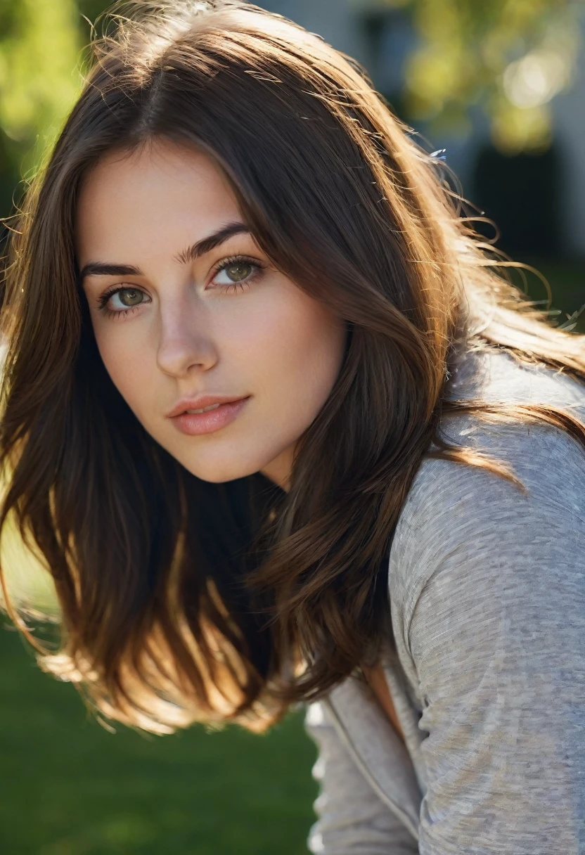 27 yo girl, brunette, close-up, girl next door, everyday clothes, sunny day, outdoor, medium hair, cinematic lighting, best quality, ultra detailed, high resolution, lighting forward,