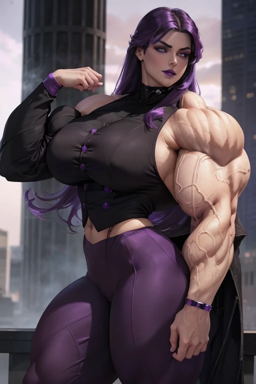 ((Close-up)), tall, (violet purple hair) beautiful muscular woman, long hair with long bangs, pale white skinned, closed smile, large breast, (black lipstick), (massive muscles), (hyper muscle), (ginormous bulky muscles), black eyes, (((violet tweed suit with pants))), ((double breasted jacket)), violet bracelets, choker, high heels, on the rooftop at night, 