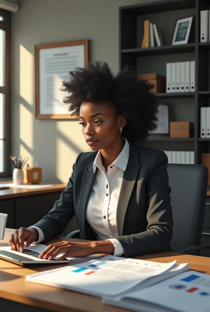 Une comptable Africaine dans son bureau. 