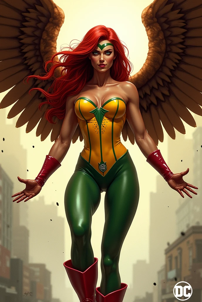 The Thanagarian warrior Chay-Ara, aka Hawkgirl, original costume of the Hawk girl, yellow corset and green leggings, red boots, large brown wings, long red hair, Justice League, DC Comics