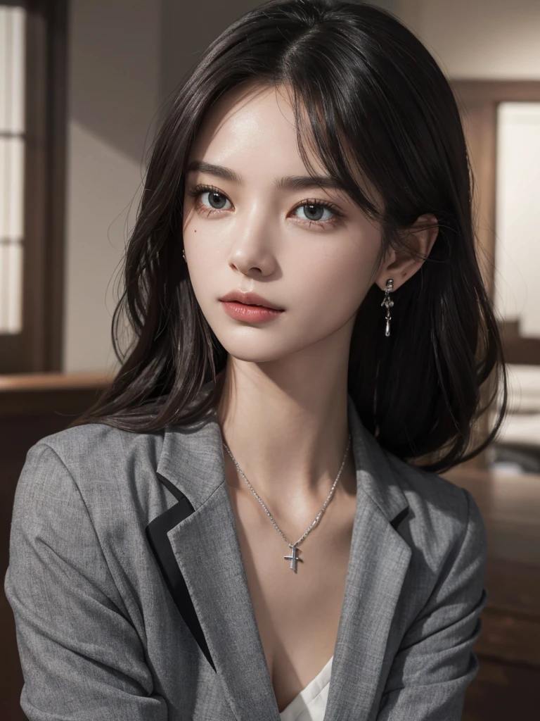 absurdres, RAW photo, extremely delicate and beautiful, masterpiece, Best Quality, ultra high resolution, 32k, hyper realistic, ultra-detailed, Very detailed CG 8k wallpaper, detailed background, landscape, Beautiful Lighting, Perfect Lightning, Realistic Shadows, perfect anatomy, anatomically correct, ideal ratio body proportions, perfect figure, Perfect Style, Perfect balance, super Detailed skin, in her 30s, very Slim body, narrow waist, very small head, very small face, delicate facial features, handsome detailed woman, very detailed eyes and face, realistic face proportions, Realistic beautiful face, Realistic beautiful eyes, tearful mole, earring, (full body shot), (very huge round tits), medium short hair, asymmetrical hair, wavy hair, indoor, dark grey jacket blazer, Dark gray trousers, white collar shirt, Silver Cross Necklace, 