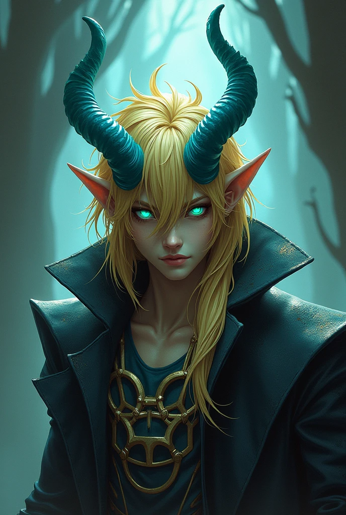 God of death blond hair front goes to his chin and the back is shorter and shaggy with 4 blue horns and bright green eyes he is super handsome short hair