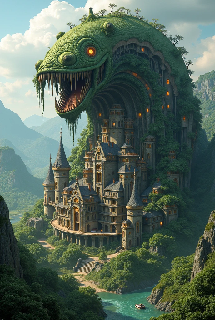 Draw me Ailut village in the shape of a monster
