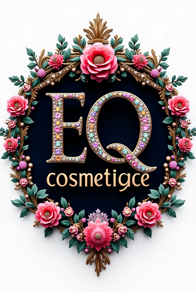 (L’image montre le nom “EQ cosMétique” écrit en grandes lettres majuscules dans un style orné et luxueux. Les lettres sont décorées de diverses pierres précieuses multicolores, donnant un effet mosaïque. Autour du nom, il y a des motifs floraux complexes et symétriques, également ornés de bijoux et de perles de différentes couleurs et tailles. Le fond est sombre, ce qui fait ressortir les couleurs vives des pierres et des motifs. L’ensemble de l’image dégage une sensation de richesse, de grandeur et de détail artistique.dans un fond blanc et le nom écrit lisiblement