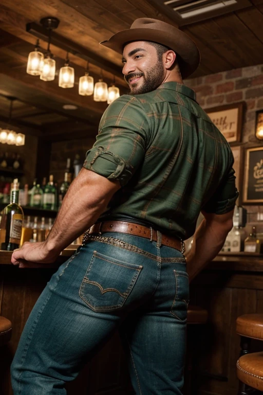 (((HdR))) ((( backside, ))) handsome turco man burly bodybuilder big butts close up in tight studded jeans,  strong muscular legs , with a green plaid shirt and cowboy hat,  Ultra realistic masterpiece high detail 8k large belt buckle , Profile con joyería de oro y brazaletes fondo de estudio con bigote , smiling chain necklace chubby, Bear, (Profile),   (25 years  ) perfect eyes and hands ((( perfect face)))  hairy chest, in the bar