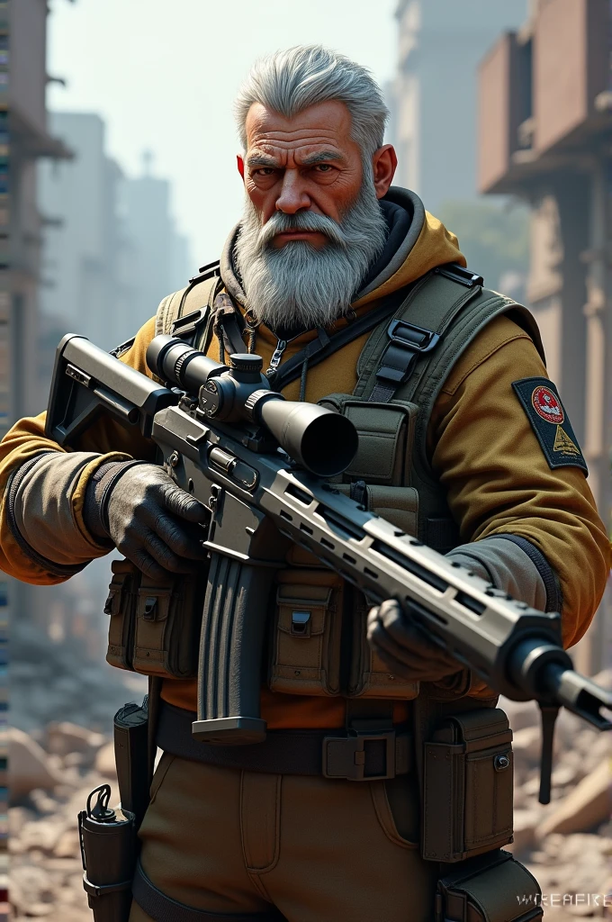 Personagem de free fire, com awm, barba branca e awm