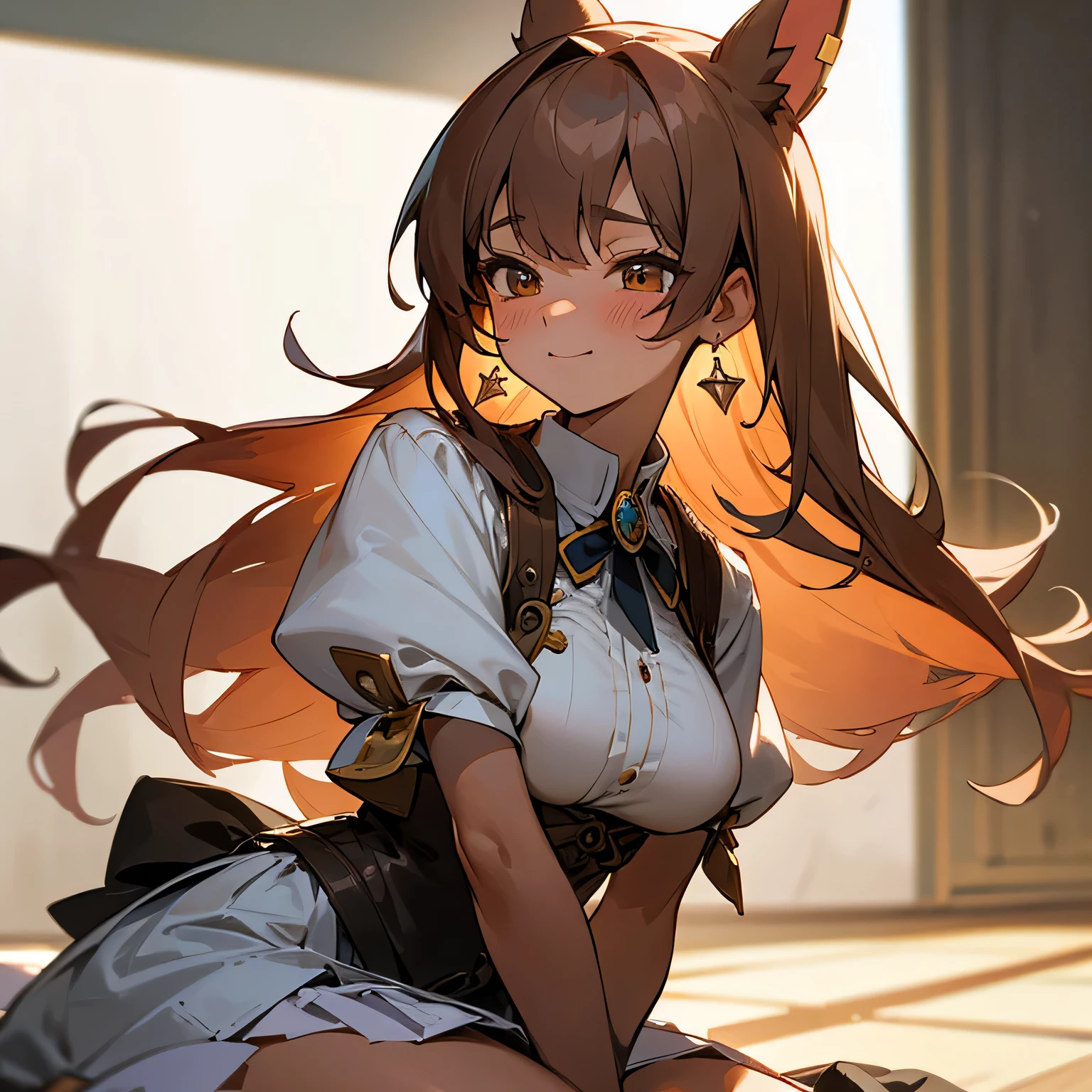 1 fille, solo, High resolution, Longhaire, fringe, brown-hair, closed mouth, quality Meilleure, Anatomie correcte, Details, HD Model, quality, high quality, big boobs, Earrings, blushed, light smile, blissful, tsundere, Pieds Hors Cadre, animated, tanned,tenue de lycée