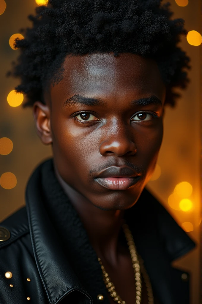 Generate a image with a male black teenager in it with main colors black and gold,