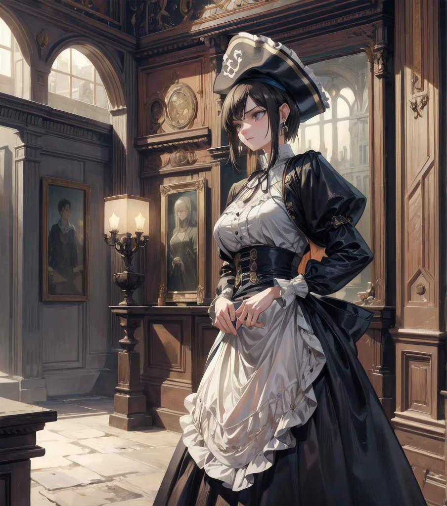absurdres, RAW photo, extremely delicate and beautiful, masterpiece, Best Quality, ultra high resolution, 32k, hyper realistic, ultra-detailed, Very detailed CG 8k wallpaper, detailed background, landscape, Beautiful Lighting, Perfect Lightning, Realistic Shadows, perfect anatomy, anatomically correct, ideal ratio body proportions, perfect figure, Perfect Style, Perfect balance, super Detailed skin, in her 30s, very Slim body, narrow waist, very small head, very small face, delicate facial features, handsome detailed woman, very detailed eyes and face, realistic face proportions, Realistic beautiful face, Realistic beautiful eyes, tearful mole, earring, cowboy shot, very huge round tits, medium short hair, asymmetrical hair, wavy hair, indoor, mystery, romanticism, creepy, victorian, Practical pirate clothing, Long-sleeved pirate top, Skirt,Torn pirate hat,