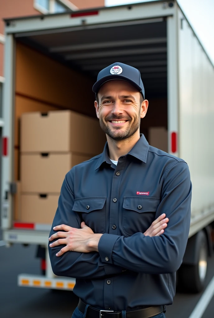 I want you to generate a delivery driver for a company with his truck behind full of boxes of brown tests and that inspires confidence and is professional, it's for a company.