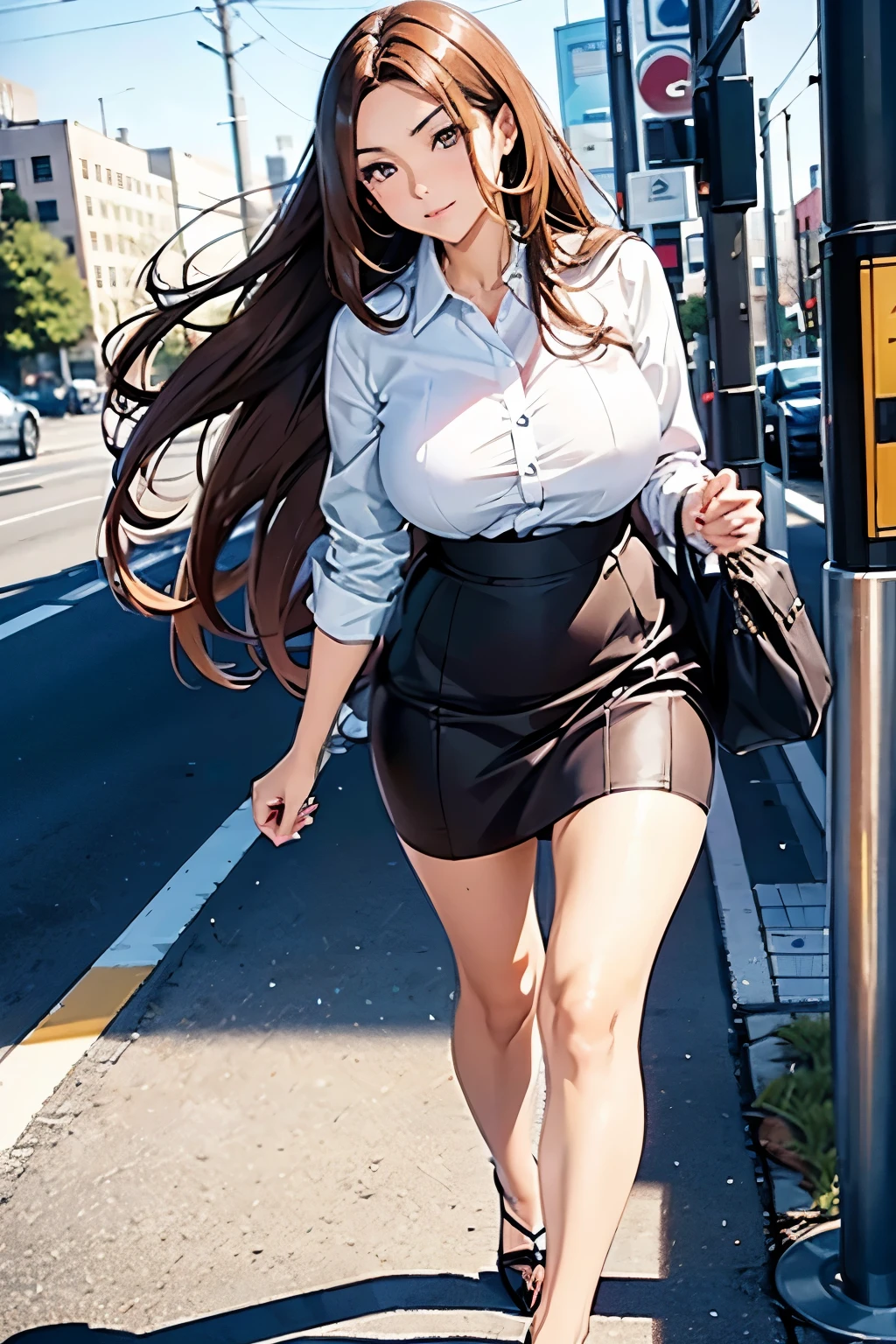 OL uniform adult woman Beautiful woman well-defined face married gravure idol face almond-shaped eyes arched eyebrows beautiful stunning beauty long brown hair hair flowing in the wind blown by the wind walking briskly through the office district full body style 2.5D anime style beautiful Japanese woman narrow eyes looking at the viewer walking office street accurate expression correct expression