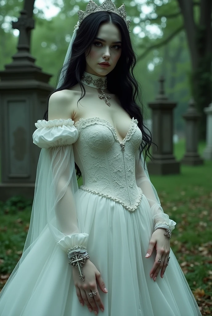 Imagine a pale-skinned vampire with black hair, wearing a white wedding dress with long, vampiric sleeves, adorned with detailed Victorian crucifix accessories. She stands in a cemetery with lush greenery, bathed in excellent lighting.