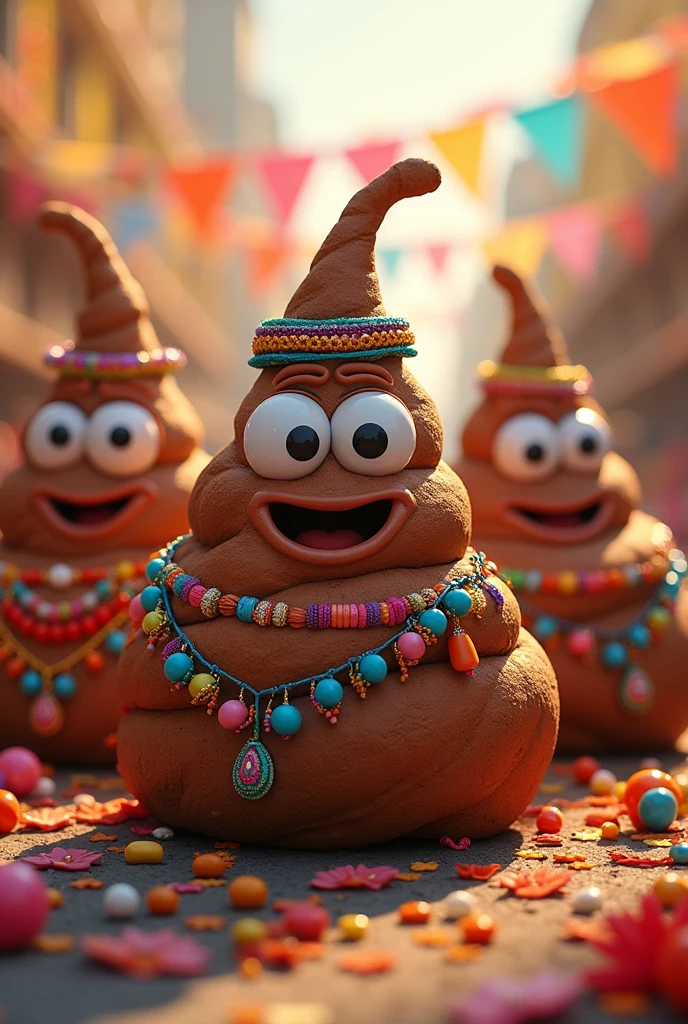 a multicoloured poop is dressed in a festival way, with lots of necklaces etc, who holds the hand of another poop also dressed in a festival theme and another poop dressed in a festival theme too all 3 different 