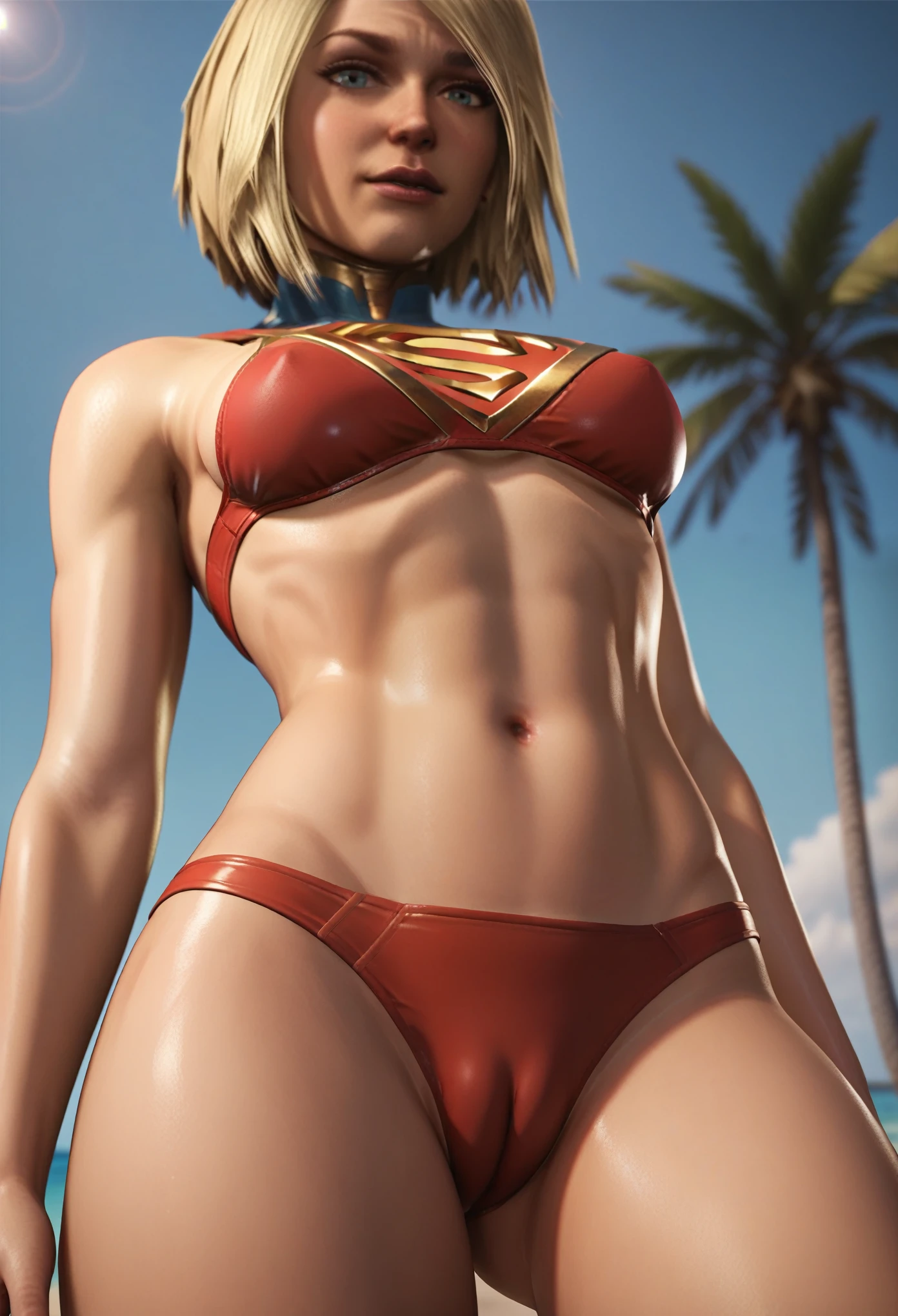 NSFW (red bikini) (Supergirl ((human)) medium breasts, cameltoe) fully body, on a deserted beach
