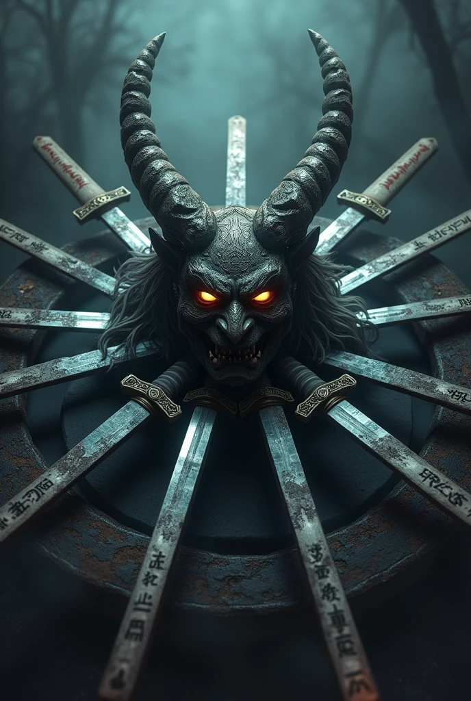 Circle of swords with an oni mask at its center 