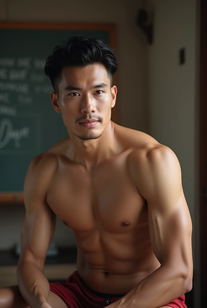 Vietnamese man, Asia, 25 years old, 2 people , Handsome and elegant, bare, sexy , Masculine and handsome，สวมกอดกัน 2 people , hug and kiss, Have muscles，The muscles look good.，hairy, Have fair skin.,no beard, full body photo,(Very detailed, realistic, best quality, 4K, 8ก, height, Masterpiece:1.3), mature man, Charming and outstanding , (The body builds muscle), big penis, sweat, Dirty face ,tight chest, sex,See-through shirt, Erotic, Horny, Look straight., Accessories include luxury wristwatches., in the classroom,look at viewer,muscle veins,no underwear 