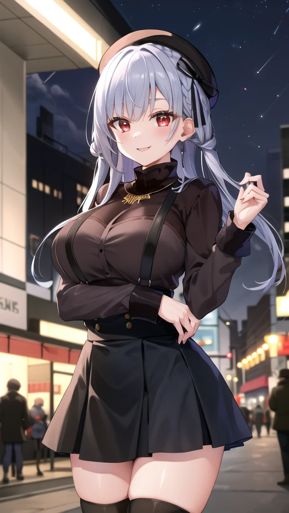 masterpiece, best quality, highres, hmhy1, hat, black thighhighs, suspender skirt, jewelry, necklace, long sleeves, large breasts, beret, turtleneck sweater, black sweater, cowboy shot, outdoors, night, smile,