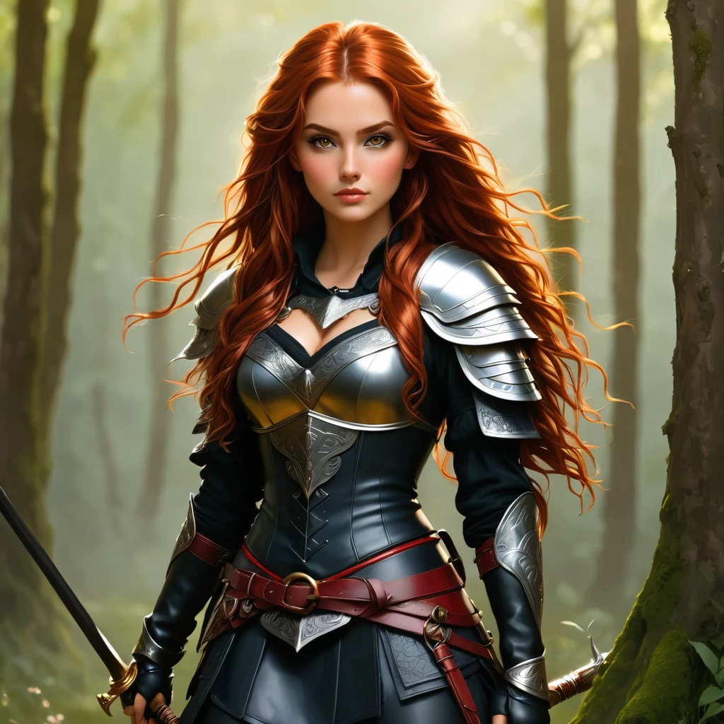 an image Nayane Laura Menequel XX weeks , a beautiful young woman with a friendly warrior appearance, detailed light honey eyes, long red hair, wearing black boots, she is in a full body pose