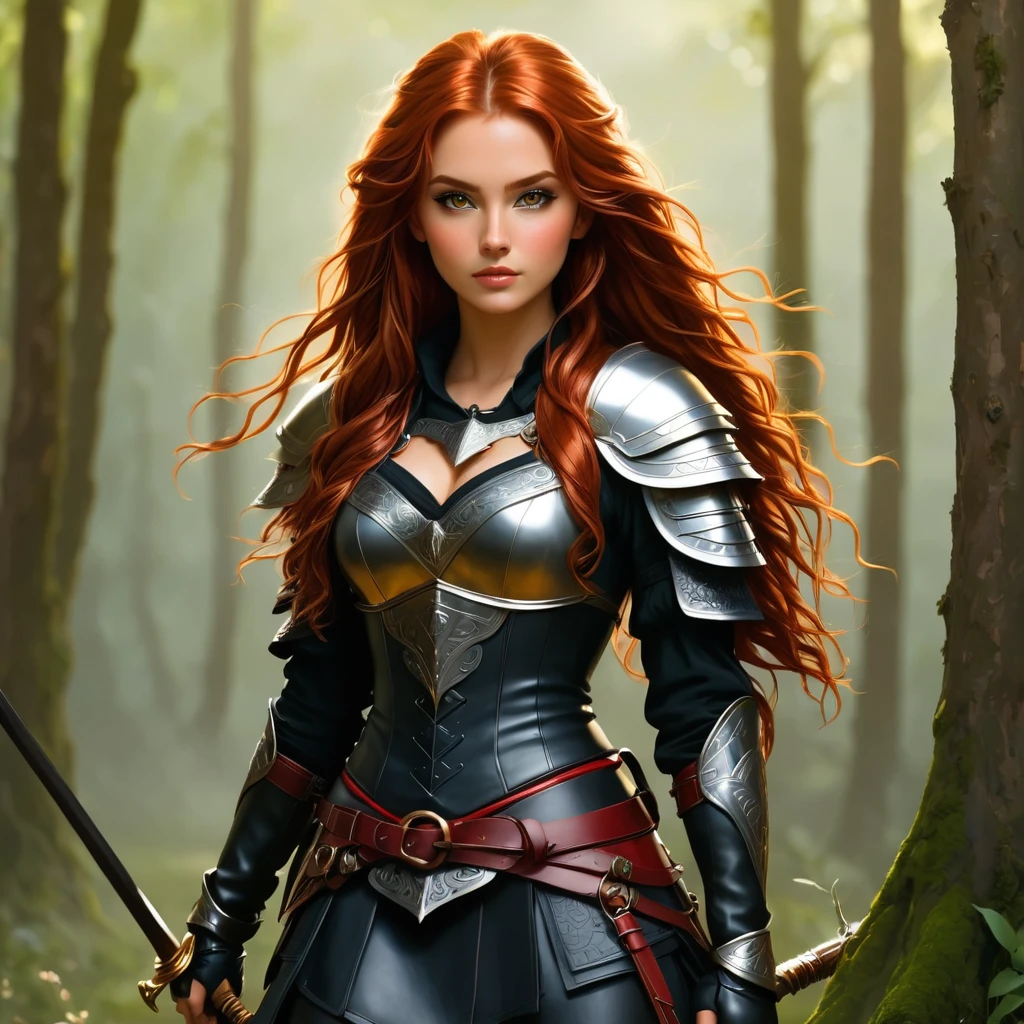 an image Nayane Laura Menequel XX weeks 13, a beautiful young woman with a friendly warrior appearance, detailed light honey eyes, long red hair, wearing black boots, she is in a full body pose