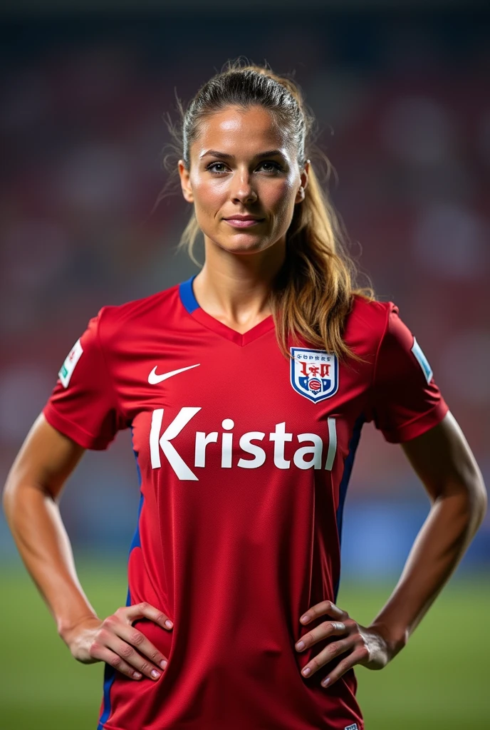 Soccer player Alex Morgan wearing a soccer jersey with the Kristal brand sponsorship logo visible on the shirt.. 