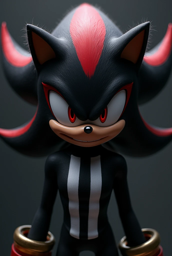 shadow the hedgehog with an evil face wearing a shirt with vertical black and white stripes