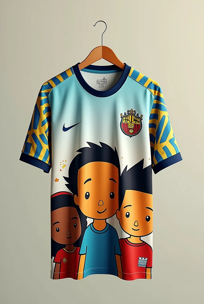 Printed soccer jersey with the Turma da Mônica cartoon design, on the left side the nike symbol, hanging on a hanger