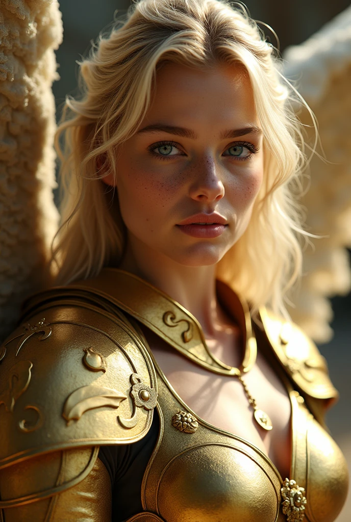 angel, armor gold (masterpiece, best quality, high resolution:1.4), 1girl, angel, skin pores texture, Hair blonde, HD , Photography, movie, cinematic, full Body, Realistic, (8k, RAW photo, best quality, masterpiece:1.2), (realistic, photo-realistic:1.33), best quality, detailed eyes blue, cute,natural lighting, depth of field, film grain, wrinkled skin, sharp, full body, detailed and realistic portrait of a woman ,(freckles:0.5)