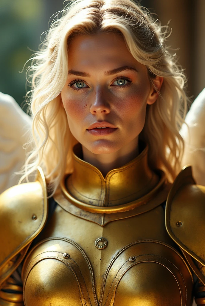 angel, armor gold (masterpiece, best quality, high resolution:1.4), 1girl, angel, skin pores texture, Hair blonde, HD , Photography, movie, cinematic, full Body, Realistic, (8k, RAW photo, best quality, masterpiece:1.2), (realistic, photo-realistic:1.33), best quality, detailed eyes blue, cute,natural lighting, depth of field, film grain, wrinkled skin, sharp, full body, detailed and realistic portrait of a woman ,(freckles:0.5)