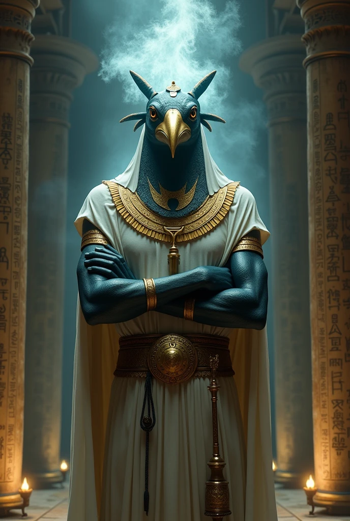 Egyptian entity half man half bird, strong and dark, with the Ibis Head, and a large curved beak. olhos grandes e brilhantes, transmitting wisdom and unfathomable knowledge. looking directly at the camera. Upright and proud posture, with arms crossed over his chest, transmitting power and divine authority. His hands can hold the Ankh (symbol of life) And the Uas (scepter of power). Dress him in a light, flowing fabric reminiscent of traditional Egyptian garments. vestimentas: White or dark blue tunic, representing purity and the starry night sky. The tunic may have golden details, like hieroglyphs that symbolize knowledge and power.Ornaments: A pectoral rich in golden details with a representation of the solar disc, symbol of the connection with Ra, o the Sun God.Lighting: Create a divine atmosphere with a soft, ethereal light emanating from Thoth, contrasting with a dark and mysterious background. Thoth in an ancient Egyptian temple, surrounded by imposing pillars, luminous hieroglyphs and ancient scrolls.