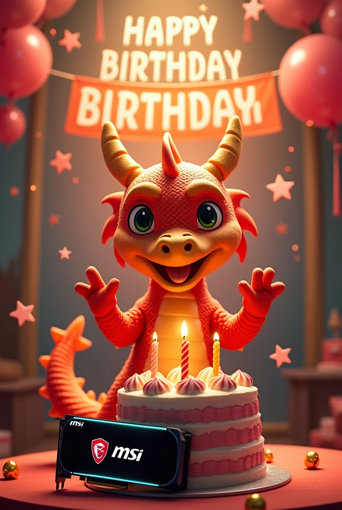 Create an anniversary birthday card featuring MSI Lucky dragon and a MSI rtx graphics card and a birthday cake with MSI logo and in the background a banner with "Happy Birthday MSI" hang