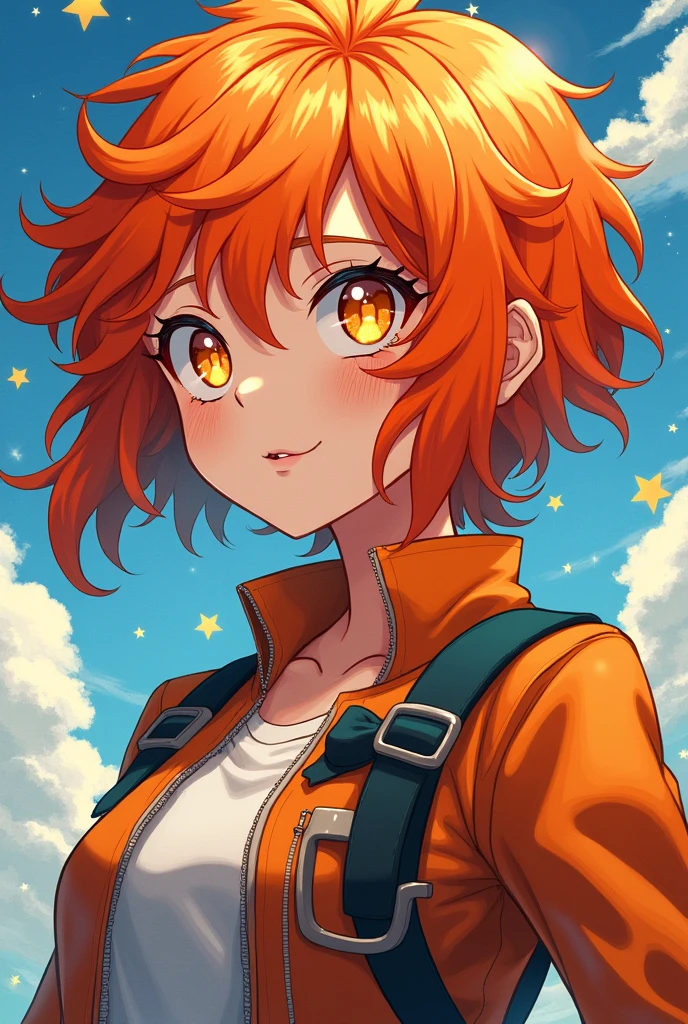 my hero academia style,Female gender,Wavy hair men's haircut and wavy orange hair,Sweet honey-colored eyes with star-shaped pupils,Whole body
